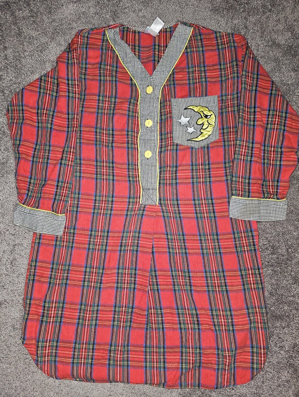 Vintage Secret Treasures Red Plaid Smiling Moon Celestial Nightgown Size M